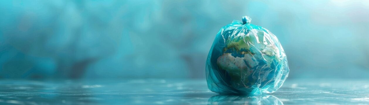 Earth in a plastic bag, bright and clean background, space for text, representing pollution and climate change