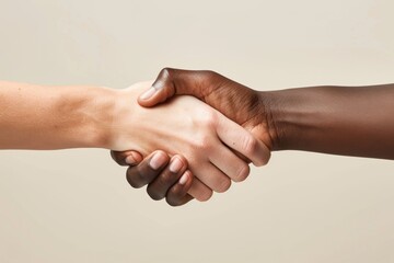Handshake between diverse hands, clear background, representing equality and non-discrimination