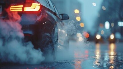 Car exhaust emitting fumes, minimalist background, space for text, climate change and pollution theme - obrazy, fototapety, plakaty