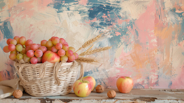 Harvest Elegance: Still Life with Grapes, Apples, and Wheat on a Pastel Impressionist Background