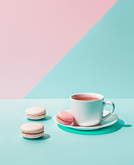 Fototapeta na wymiar cup of tea and macaroons.Minimal creative food and drink concept.Trendy social mockup or wallpaper with copy space.