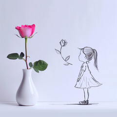 Doodled girl and fresh rose.Minimal creative nature and art concept.