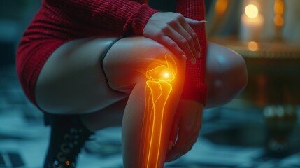 Pain in a knee joint, close-up, in color, isolated on a pastel background. Pain area in red color, senior woman holding the knee. - obrazy, fototapety, plakaty