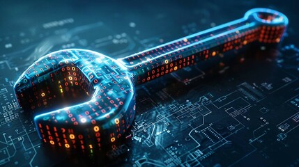 blue digital wrench  spanner with glowing binary code, AI  in  maintenance management systems, predictive maintenance algorithms, equipment diagnostics, and remote repair assistance.
