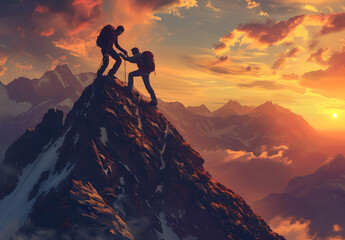 Couple celebrating success on mountain top by holding hands up in the air , Feeling successful ,love	