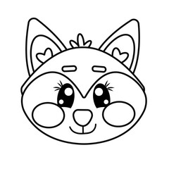 Doodle outline kawaii cute fox line face, head for children isolated on white background	