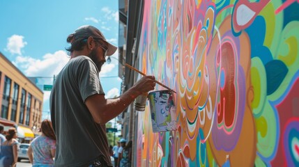 An artist painting a vibrant mural on an urban street, blending creativity and community, with passersby watching in admiration. Generative AI - obrazy, fototapety, plakaty