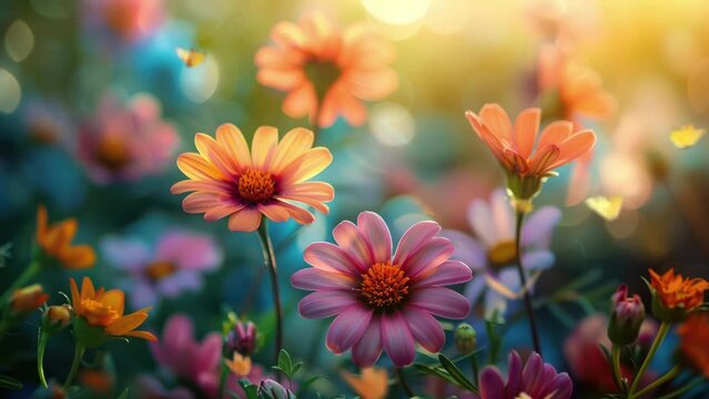 Colorful flowers and butterflies flying in the garden with soft sunlight. Nature background.