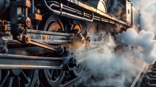 Close-Up of Steam: Focus on a close-up shot of steam billowing from the train's engine, with the background slightly blurred to create depth. Generative AI