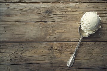 Sumptuous Mr. Graham's ice cream scoop served on a rustic wooden surface, offering a perfect spot for additional text