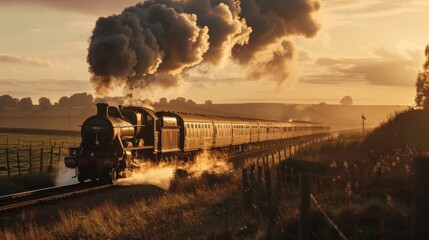 Golden Hour Glow: Capture the vintage train chugging through a countryside bathed in golden hour light, with the warm hues enhancing the nostalgic feel. Generative AI