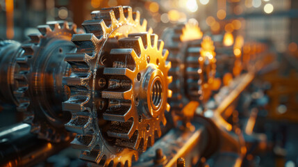 Detailed close-up of illuminated golden gears and cogs of industrial machinery, showcasing precision engineering.