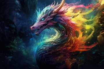 Fotobehang a colorful dragon with horns and sharp teeth © Xanthius