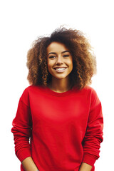 Happy young African American young woman wearing red sweatshirt isolated on white background. Happy black sporty woman student looking at camera