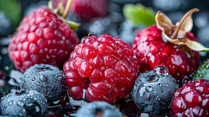 Close-up of a vibrant mix of raspberries and blueberries, showcasing their juicy freshness and...