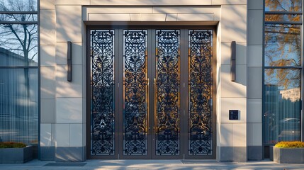 Large iron double-leaf door, gates on facade of modern building with urban gardening elements on sunny autumn day