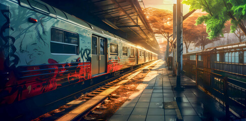 Train Station at Dusk with Graffiti and Sunlight