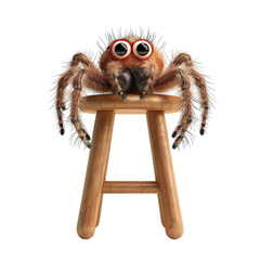 Spider perched on a rustic wooden stool in a close-up shot, with a mischievous cartoon character on another tall stool in isolation. Isolated on transparent