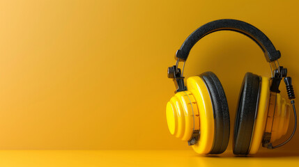 Naklejka premium Bright yellow protective headphones against a matching yellow background, ideal for noise cancellation in work areas.