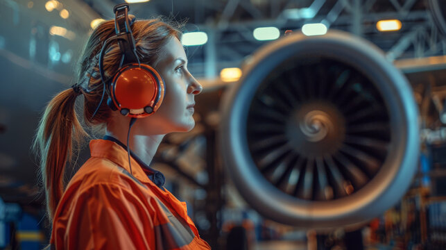 A focused female engineer wearing headphones while inspecting a jet engine in an aircraft hangar.