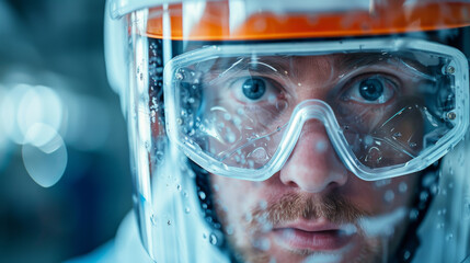 Close-up of a focused male worker wearing clear protective goggles with water droplets.