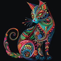Embroidery style ornamental beautiful hand drawn cat with green eyes and folkloric floral ethnic ornaments. Decorative modern cute kitten on black background. Vector patterned cat image illustration - 782567197