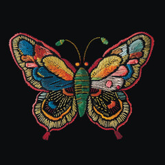 Textured embroidery colorful beautiful butterfly pattern. Decorative embroidered bright insect background. Vector ornamental butterfly. Stitching lines tapestry grunge surface texture. Illustration - 782567303