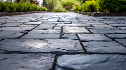 paving black stones of a slate driveway, City sidewalk, blur effect with plants in background, Architectural development, urban and architectural landscape , street floor surface - obrazy, fototapety, plakaty