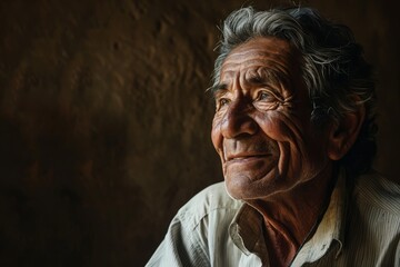 Portrait of an old Indian man with a smile on his face.