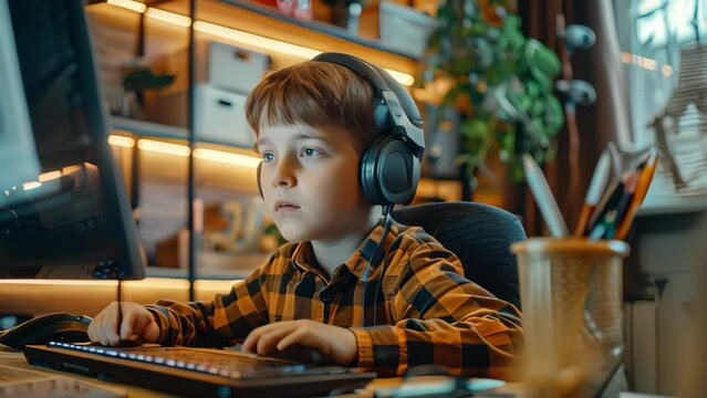 Cute little boy in headphones is playing computer games at home.