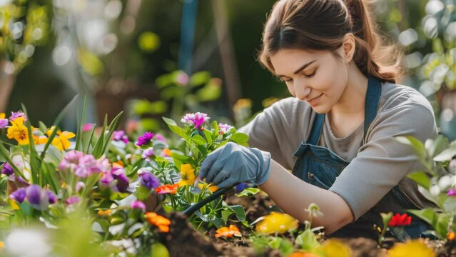 Woman planting gardens flowers agriculture gardener hobby and garden job.