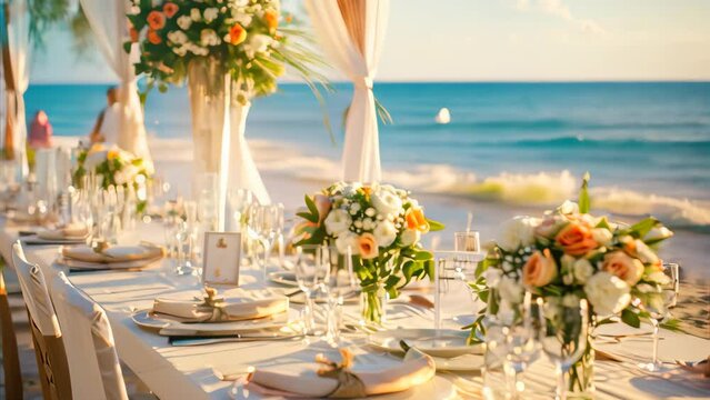 Dinner table reception decorate at beach resort Dinner Wedding.