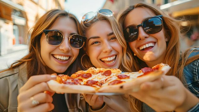 Happy young group female friends enjoying and eating pizza on city street.