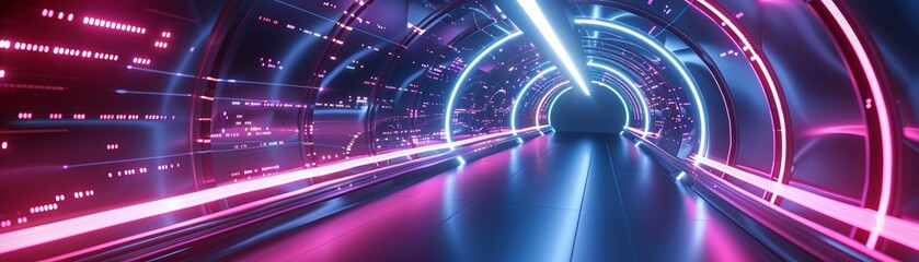 Vibrant digital art of a futuristic tunnel illuminated by neon lights with a perspective view.