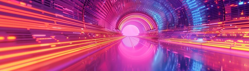 Abstract concept art showing a high-speed tunnel bathed in neon lights, invoking a sense of velocity.