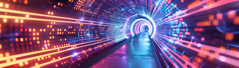 An immersive perspective of a data tunnel bathed in vivid neon light, symbolizing connectivity and data flow.