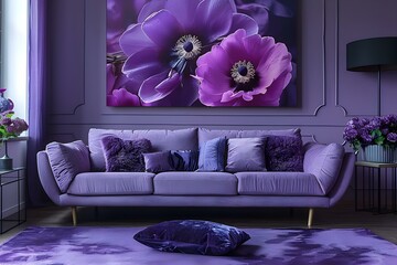 Elegant Purple Lounge with Chic Sofa & Floral Touches. Concept Home Decor, Elegant Design, Purple Lounge, Chic Sofa, Floral Touches