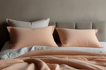 Modern Cozy Bedroom: Soft Peach Fuzz Bedding, Trendy Tone Hue Shade, Comfortable Retreat