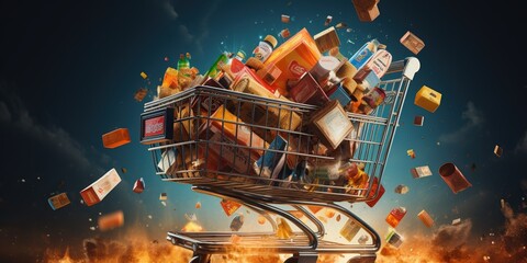 Shopping cart overflowing with discounted items, concept of Retail therapy - obrazy, fototapety, plakaty