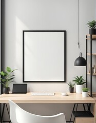 Close-up frame mockup in workspace interior, 3d rendering