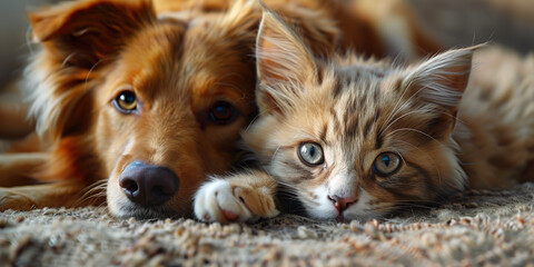 Dog and cat resting together, pets