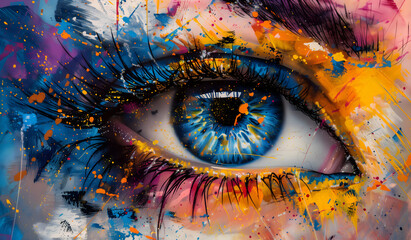 Abstract painting of an eye with long eyelashes, colorful, beautiful, in the style of graffiti
