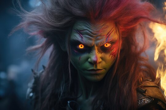a person with green and red face paint