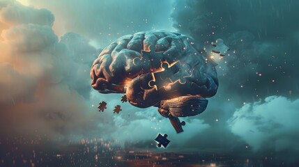 Concept art of a brain puzzle piece floating towards its place, representing hope in psychotherapy - obrazy, fototapety, plakaty