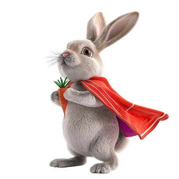 Rabbit with carrot in mouth and red scarf, cartoon rabbit pretending to be a superhero, balancing carrot on nose while using towel as cape, isolated on transparent background
