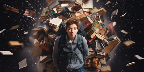 Student carrying heavy backpack with textbooks and notebooks spilling out -, concept of Organization - obrazy, fototapety, plakaty