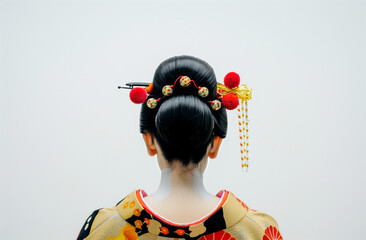 A Japanese woman is having her hair styled into a traditional bun, with flowers and other decorative elements on top. For special occasions, she wears an elegant kimono. - 782576103