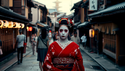 Geisha in a red kimono on a city street - 782576124