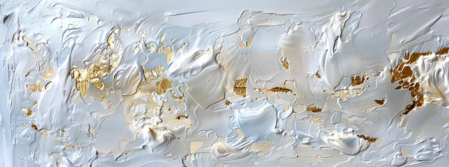 Painting with White and Gold Paint Detailed Impasto, Thick Oil Paint, Relief Strokes of Gold Leaf, Abstract Painterly Texture - 782576349