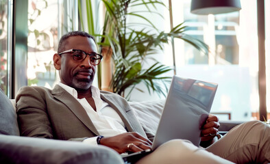 Businessman sitting on sofa with laptop - 782576375